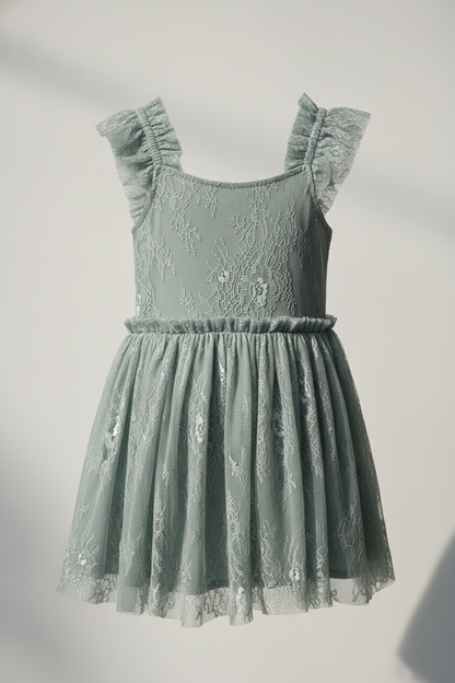 Girls' Premium Sage Mist Floral Lace Party Dress – Luxury Embroidered Tulle Event Dress with Ruffled Cap Sleeves - Serromi