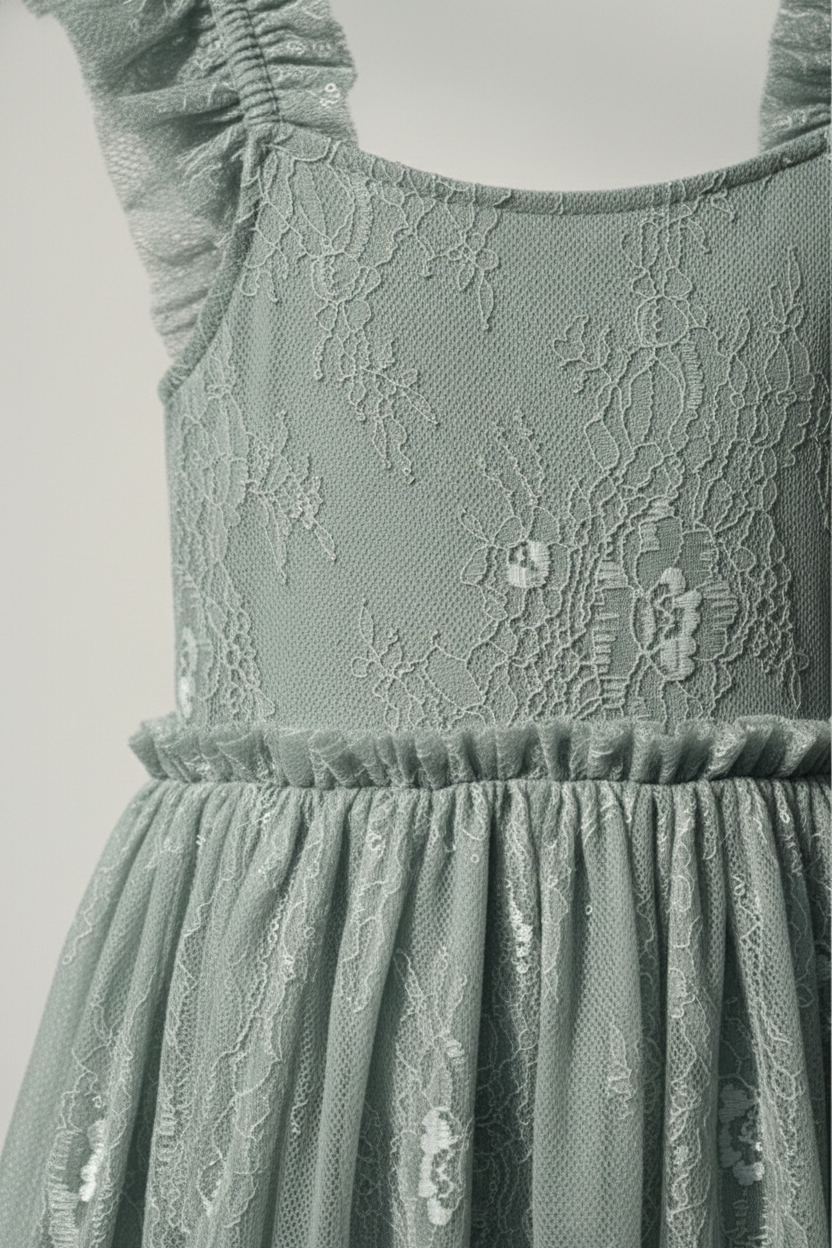 Girls' Premium Sage Mist Floral Lace Party Dress – Luxury Embroidered Tulle Event Dress with Ruffled Cap Sleeves - Serromi