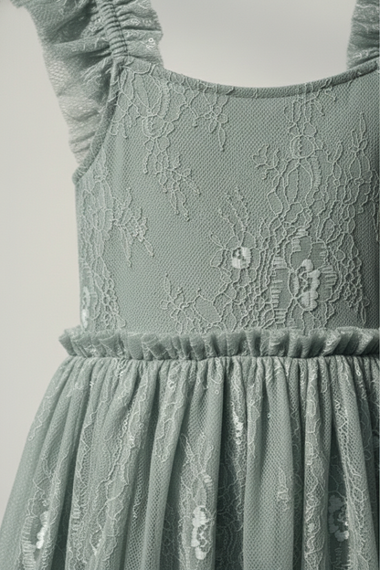 Girls' Premium Sage Mist Floral Lace Party Dress – Luxury Embroidered Tulle Event Dress with Ruffled Cap Sleeves - Serromi