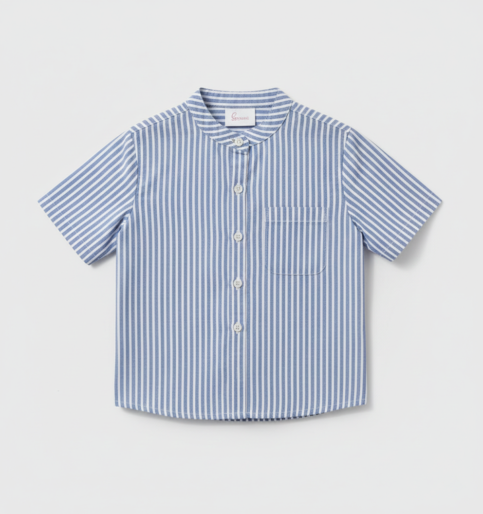 Boys' Premium Blue & White Striped Mandarin Collar Shirt – Luxury Breathable Cotton Oxford with Chest Pocket - Serromi