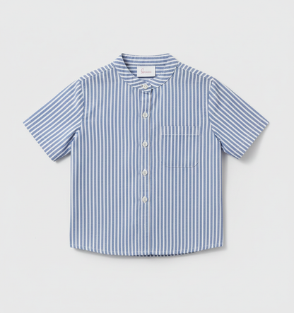Boys' Premium Blue & White Striped Mandarin Collar Shirt – Luxury Breathable Cotton Oxford with Chest Pocket - Serromi