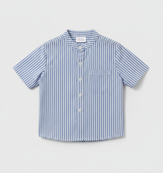 Boys' Premium Blue & White Striped Mandarin Collar Shirt – Luxury Breathable Cotton Oxford with Chest Pocket - Serromi