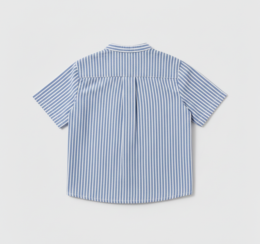 Boys' Premium Blue & White Striped Mandarin Collar Shirt – Luxury Breathable Cotton Oxford with Chest Pocket - Serromi