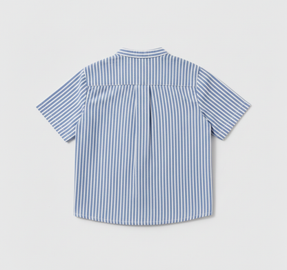 Boys' Premium Blue & White Striped Mandarin Collar Shirt – Luxury Breathable Cotton Oxford with Chest Pocket - Serromi