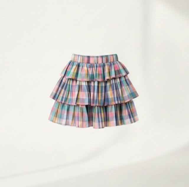 Girls' Premium Pastel Plaid Tiered Ruffle Skirt – Luxury Multi-Color Check Cotton Skirt with Smocked Waist