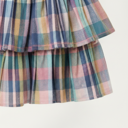 Girls' Premium Pastel Plaid Tiered Ruffle Skirt – Luxury Multi-Color Check Cotton Skirt with Smocked Waist - Serromi