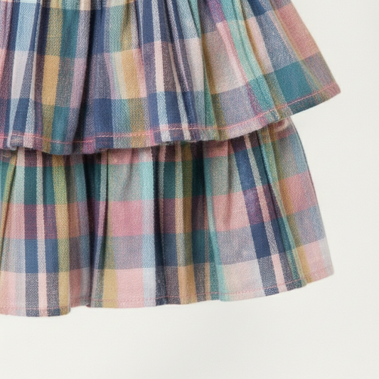 Girls' Premium Pastel Plaid Tiered Ruffle Skirt – Luxury Multi-Color Check Cotton Skirt with Smocked Waist - Serromi