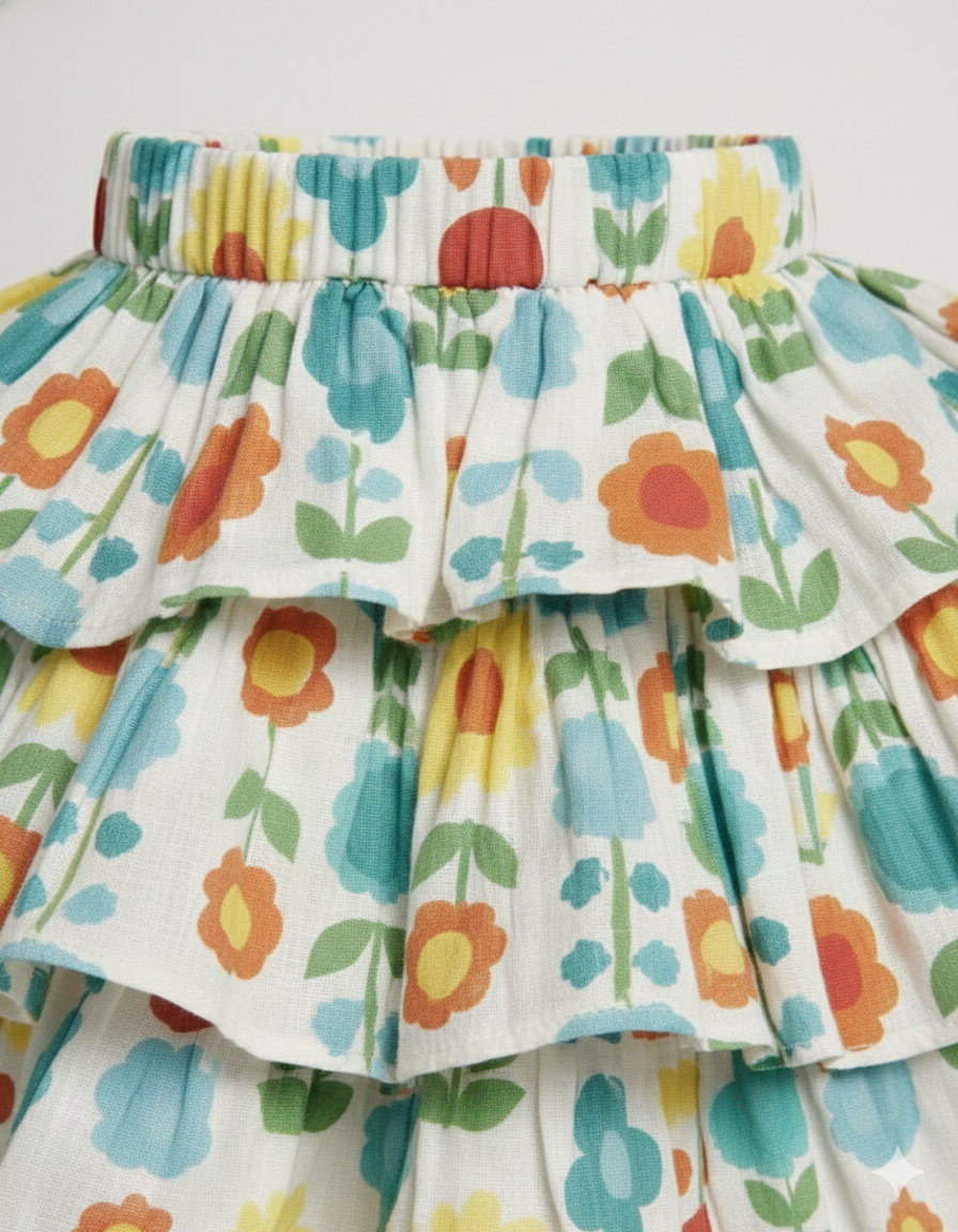 Girls' Premium Floral Tiered Ruffle Skirt – Multi-Color Botanical Print in Breathable Cotton - Serromi