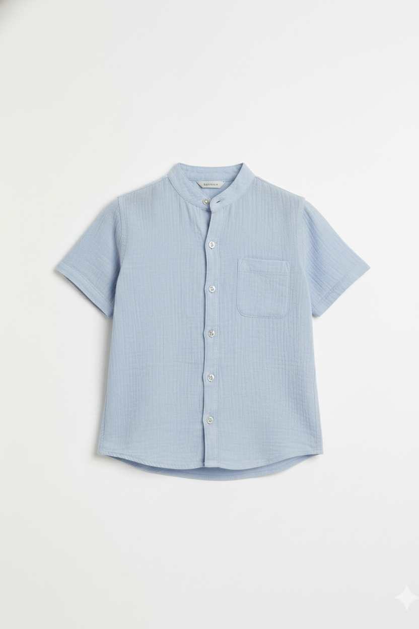 Boys' Premium Sky Blue Mandarin Collar Shirt – 100% Breathable Cotton Textured Button-Down - Serromi