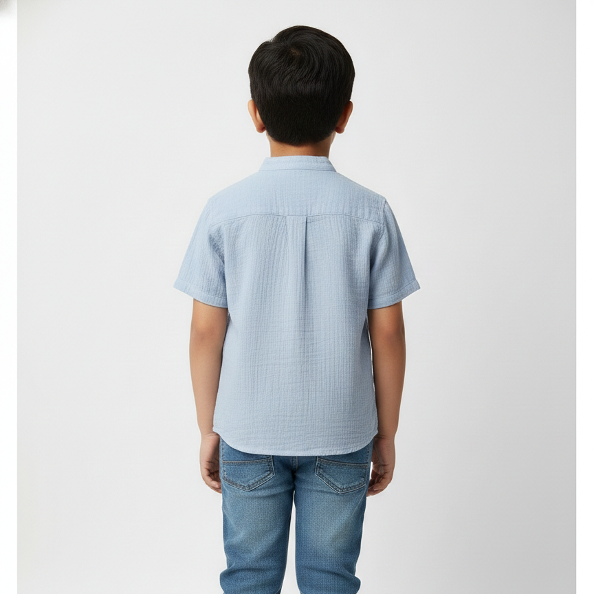 Boys' Premium Sky Blue Mandarin Collar Shirt – 100% Breathable Cotton Textured Button-Down