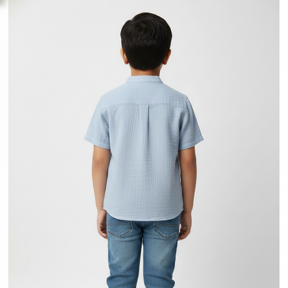 Boys' Premium Sky Blue Mandarin Collar Shirt – 100% Breathable Cotton Textured Button-Down