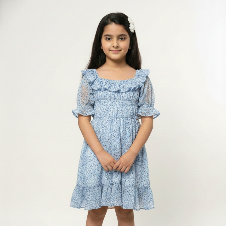 Girls' Premium Sky Blue Floral Smocked Dress – Ruffle Trim Boho Dress in Lightweight Chiffon