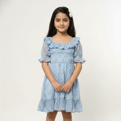 Girls' Premium Sky Blue Floral Smocked Dress – Ruffle Trim Boho Dress in Lightweight Chiffon