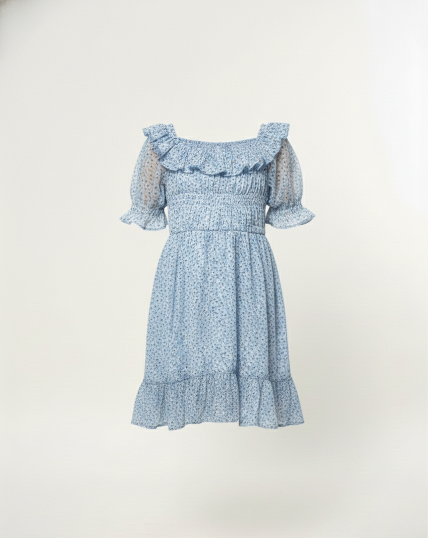 Girls' Premium Sky Blue Floral Smocked Dress – Ruffle Trim Boho Dress in Lightweight Chiffon - Serromi