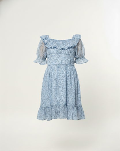 Girls' Premium Sky Blue Floral Smocked Dress – Ruffle Trim Boho Dress in Lightweight Chiffon - Serromi