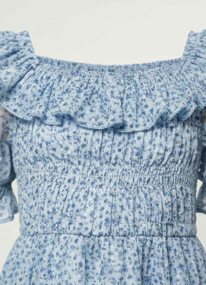 Girls' Premium Sky Blue Floral Smocked Dress – Ruffle Trim Boho Dress in Lightweight Chiffon