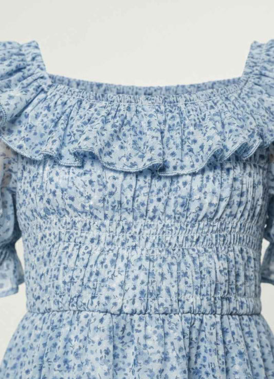 Girls' Premium Sky Blue Floral Smocked Dress – Ruffle Trim Boho Dress in Lightweight Chiffon