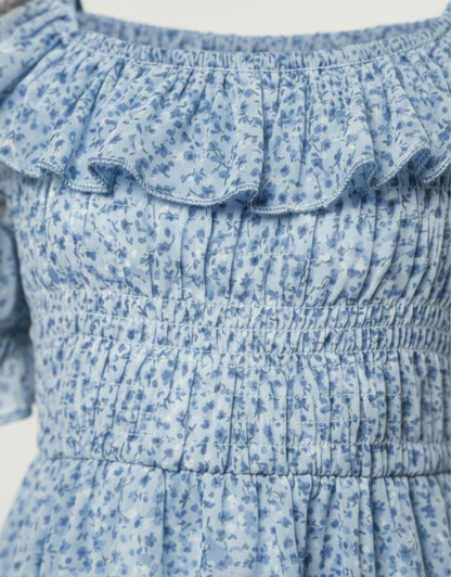 Girls' Premium Sky Blue Floral Smocked Dress – Ruffle Trim Boho Dress in Lightweight Chiffon - Serromi