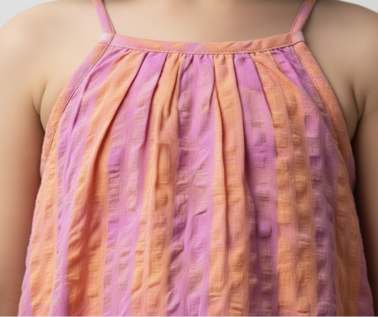 Girls' Premium Sunset Stripe Halter Dress – Luxury Purple & Orange Seersucker Cotton Summer Dress - Serromi