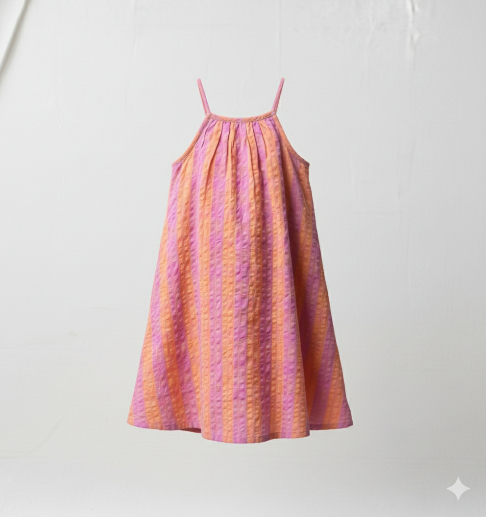 Girls' Premium Sunset Stripe Halter Dress – Luxury Purple & Orange Seersucker Cotton Summer Dress - Serromi