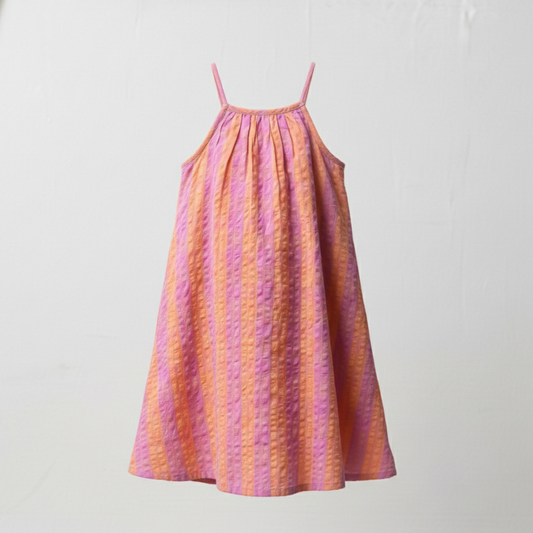 Girls' Premium Sunset Stripe Halter Dress – Luxury Purple & Orange Seersucker Cotton Summer Dress - Serromi