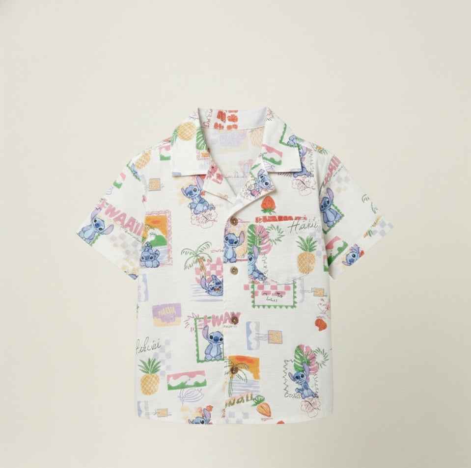 Boys' Premium Tropical Postcard Resort Shirt – Luxury Cotton-Linen Cuban Collar Button-Down with Whimsical Island Print