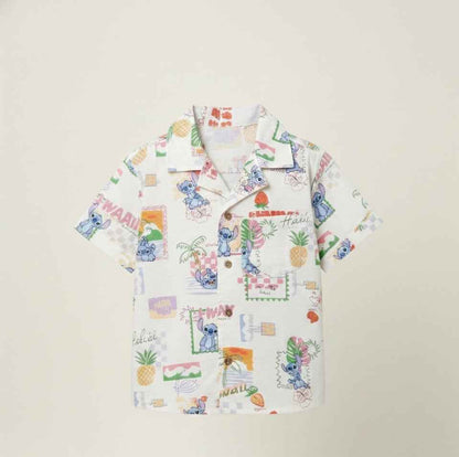Boys' Premium Tropical Postcard Resort Shirt – Luxury Cotton-Linen Cuban Collar Button-Down with Whimsical Island Print