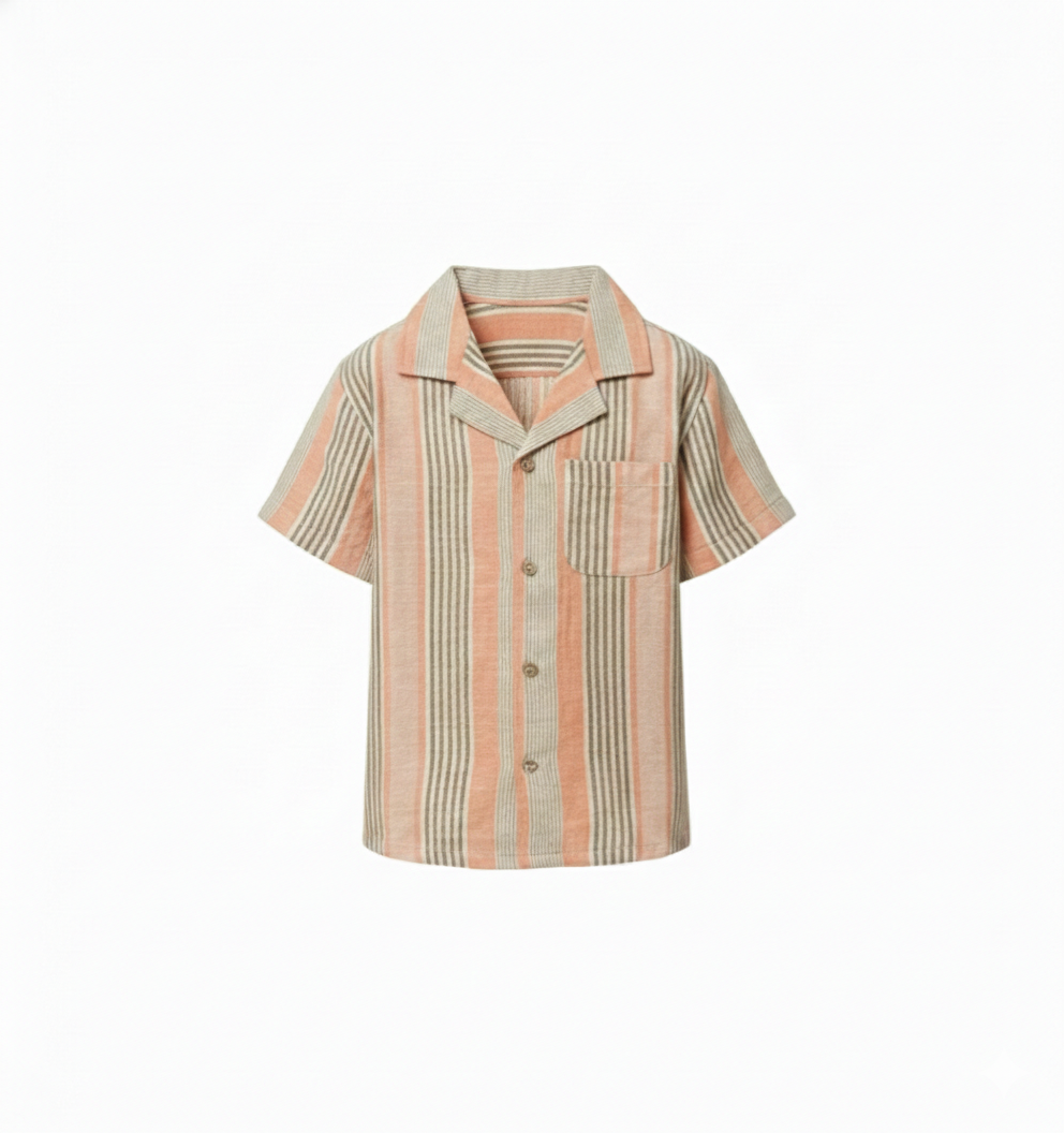 Boys' Premium Terracotta & Sage Striped Resort Shirt – Luxury Cotton-Linen Blend Cuban Collar Button-Down - Serromi