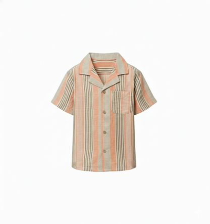 Boys' Premium Terracotta & Sage Striped Resort Shirt – Luxury Cotton-Linen Blend Cuban Collar Button-Down - Serromi