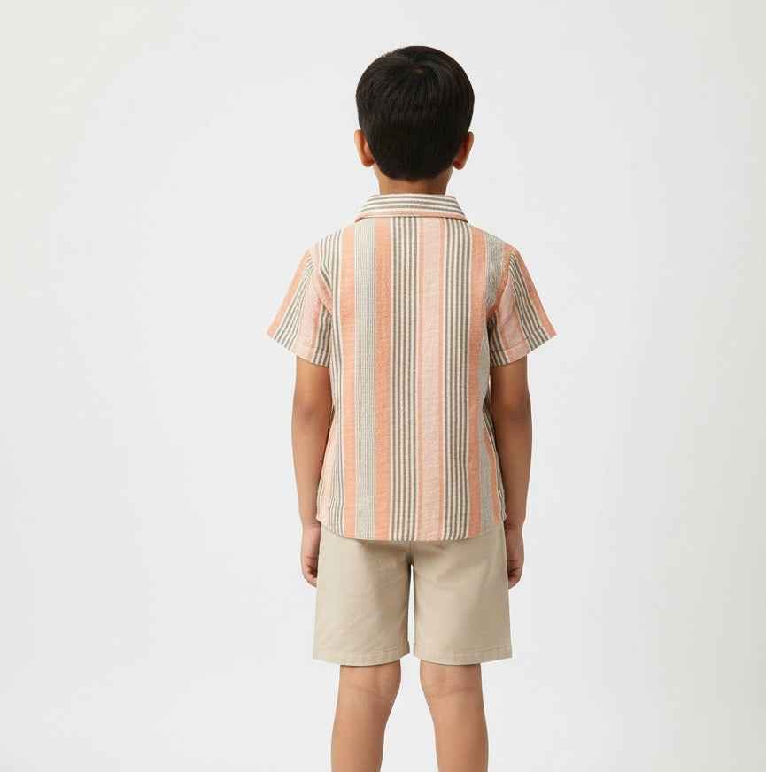 Boys' Premium Terracotta & Sage Striped Resort Shirt – Luxury Cotton-Linen Blend Cuban Collar Button-Down