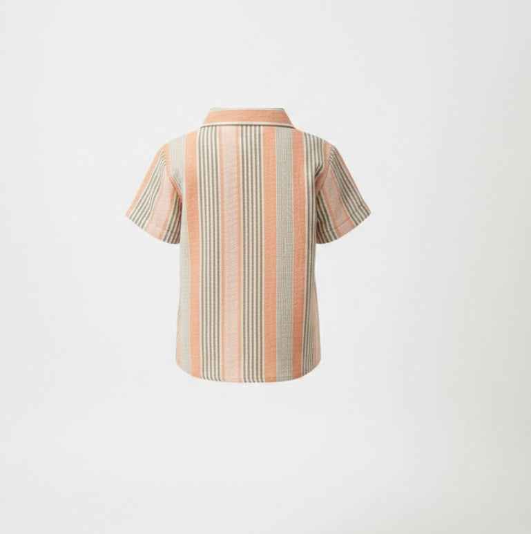 Boys' Premium Terracotta & Sage Striped Resort Shirt – Luxury Cotton-Linen Blend Cuban Collar Button-Down