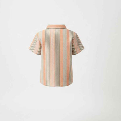 Boys' Premium Terracotta & Sage Striped Resort Shirt – Luxury Cotton-Linen Blend Cuban Collar Button-Down