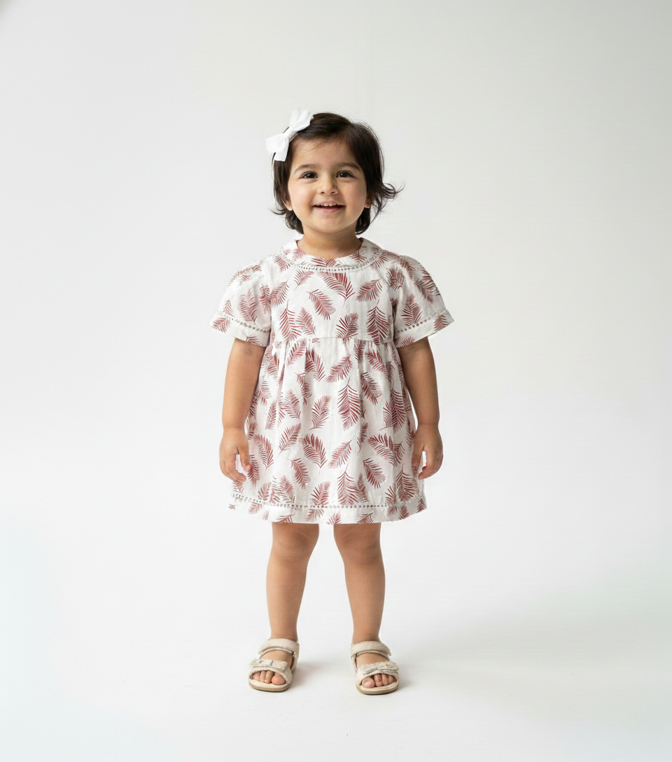 Girls' Premium Ruby Leaf Print Dress – Luxury Breathable Cotton Summer Dress with Botanical Print - Serromi
