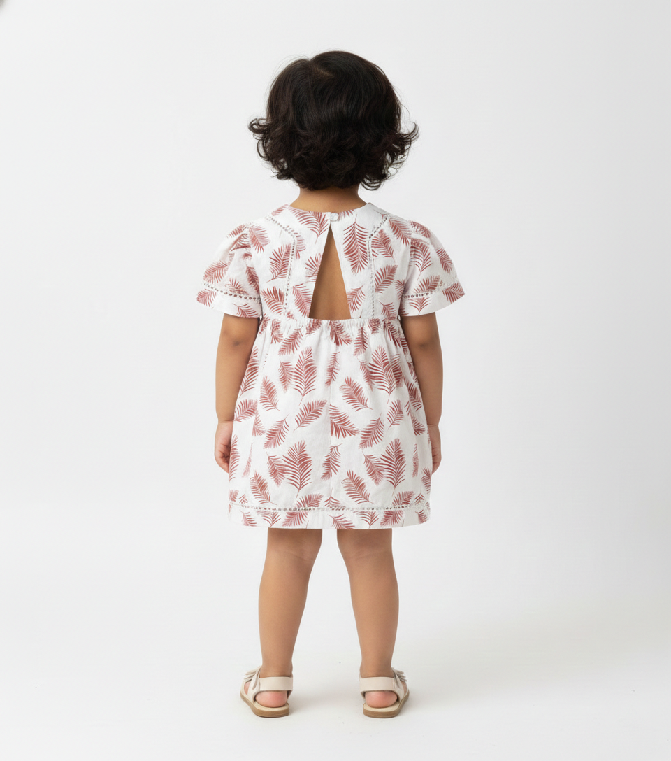Girls' Premium Ruby Leaf Print Dress – Luxury Breathable Cotton Summer Dress with Botanical Print - Serromi