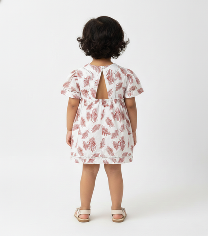 Girls' Premium Ruby Leaf Print Dress – Luxury Breathable Cotton Summer Dress with Botanical Print - Serromi