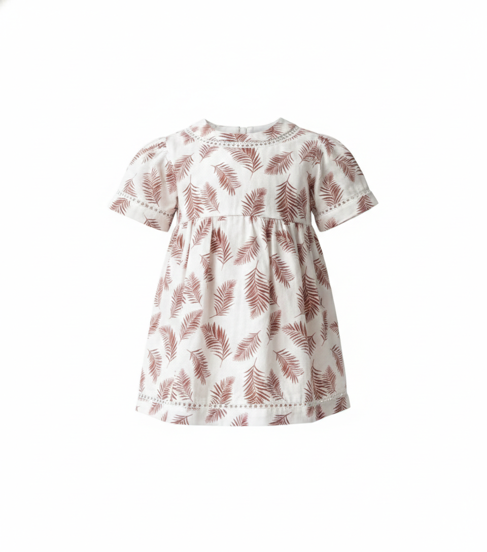 Girls' Premium Ruby Leaf Print Dress – Luxury Breathable Cotton Summer Dress with Botanical Print - Serromi