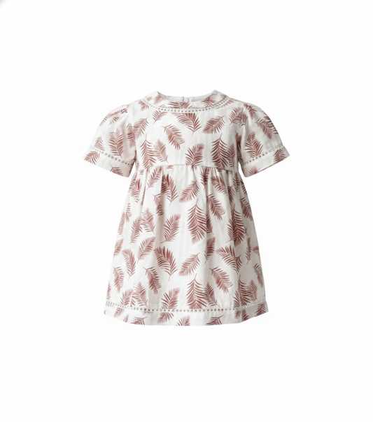 Girls' Premium Ruby Leaf Print Dress – Luxury Breathable Cotton Summer Dress with Botanical Print - Serromi