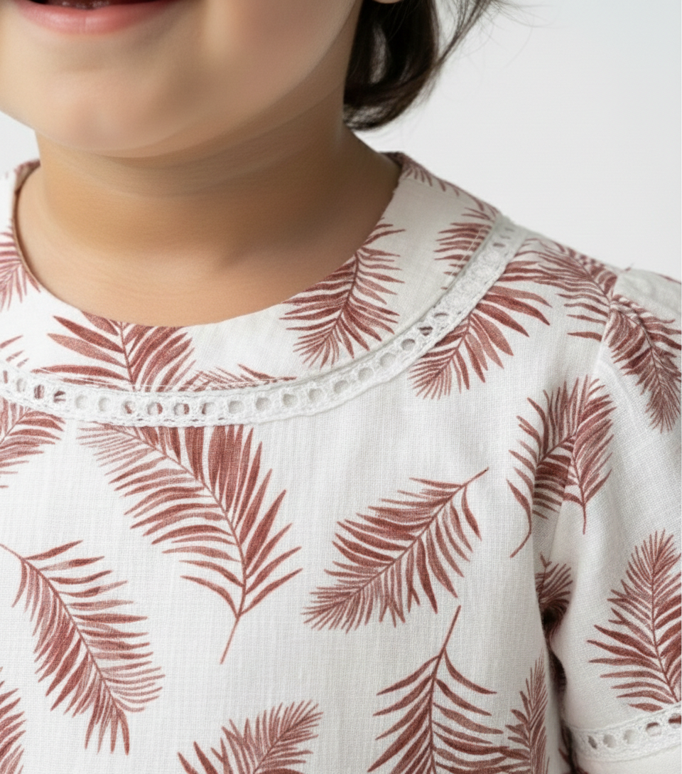 Girls' Premium Ruby Leaf Print Dress – Luxury Breathable Cotton Summer Dress with Botanical Print - Serromi