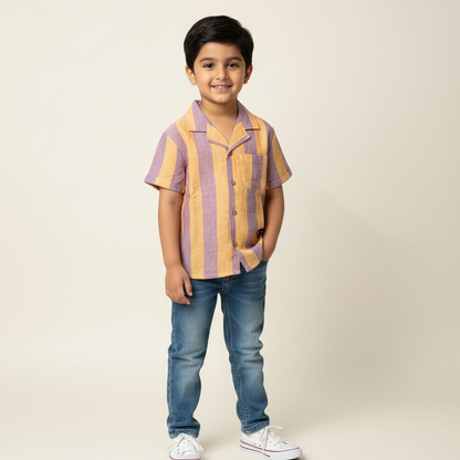 Boys' Premium Linen-Blend Resort Shirt – Luxury Vertical Stripe Short Sleeve Button-Down with Cuban Collar