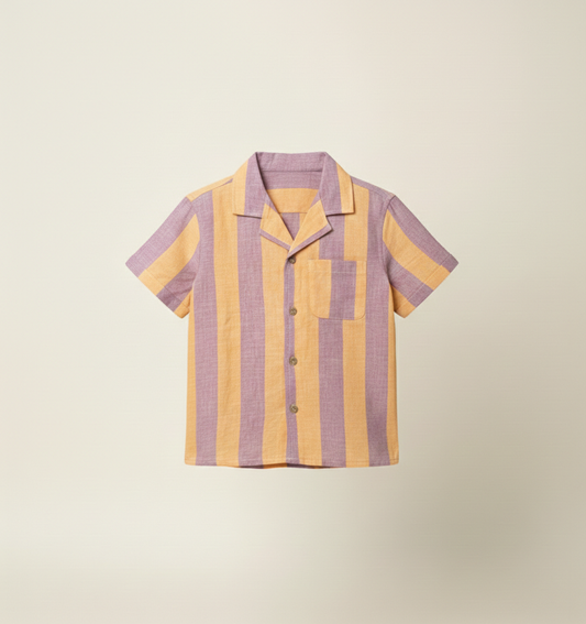 Boys' Premium Linen-Blend Resort Shirt – Luxury Vertical Stripe Short Sleeve Button-Down with Cuban Collar - Serromi