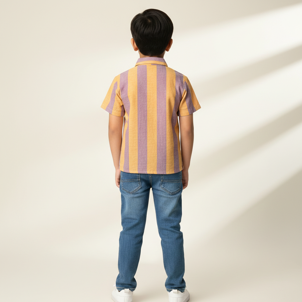Boys' Premium Linen-Blend Resort Shirt – Luxury Vertical Stripe Short Sleeve Button-Down with Cuban Collar