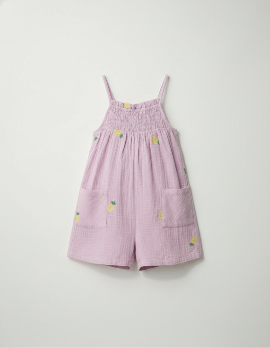 Girls' Premium Pink Doublecloth Smocked Playsuit – Luxury Cotton Gauze One-Piece - Serromi