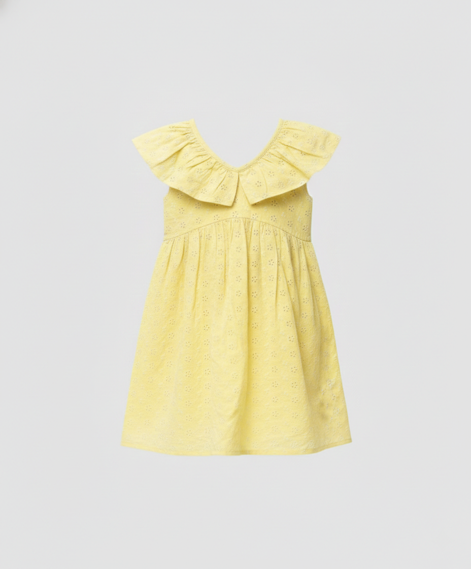 Girls' Premium Canary Yellow Eyelet Cotton Dress – Luxury Embroidered Summer Dress with Oversized Ruffle Peter Pan Collar - Serromi