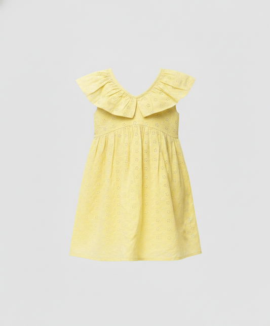 Girls' Premium Canary Yellow Eyelet Cotton Dress – Luxury Embroidered Summer Dress with Oversized Ruffle Peter Pan Collar - Serromi