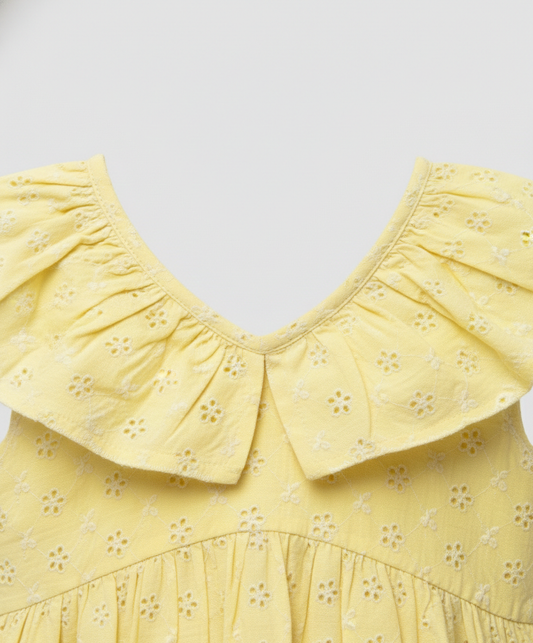 Girls' Premium Canary Yellow Eyelet Cotton Dress – Luxury Embroidered Summer Dress with Oversized Ruffle Peter Pan Collar - Serromi