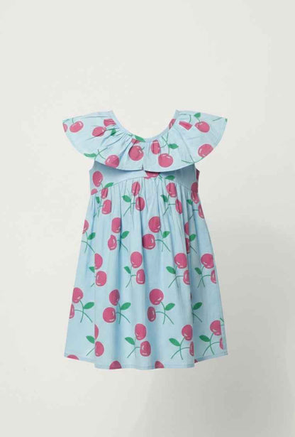 Girls' Premium Sky Blue Cherry Print Dress – Luxury Cotton Summer Dress with Oversized Ruffle Statement Collar