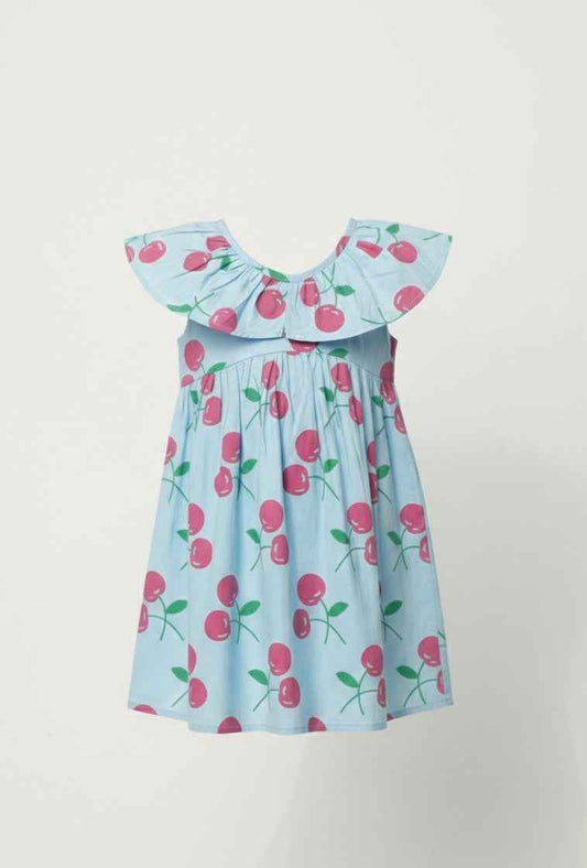 Girls' Premium Sky Blue Cherry Print Dress – Luxury Cotton Summer Dress with Oversized Ruffle Statement Collar