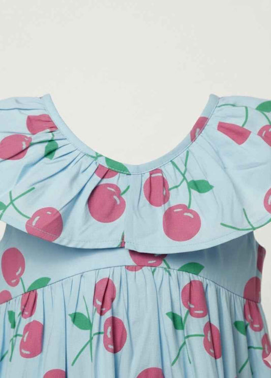 Girls' Premium Sky Blue Cherry Print Dress – Luxury Cotton Summer Dress with Oversized Ruffle Statement Collar