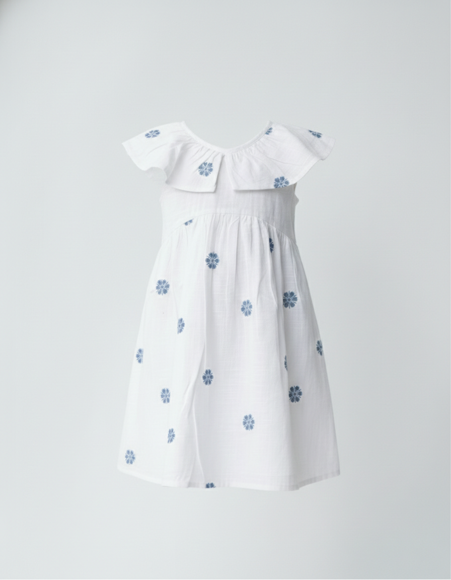 Girls' Premium White Cotton Embroidered Dress – Luxury Botanical Summer Dress with Statement Ruffle Peter Pan Collar - Serromi