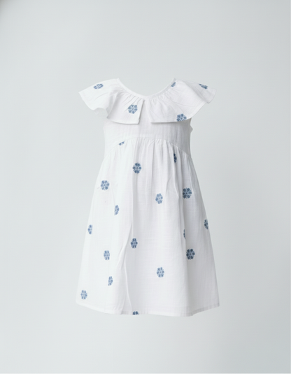 Girls' Premium White Cotton Embroidered Dress – Luxury Botanical Summer Dress with Statement Ruffle Peter Pan Collar - Serromi